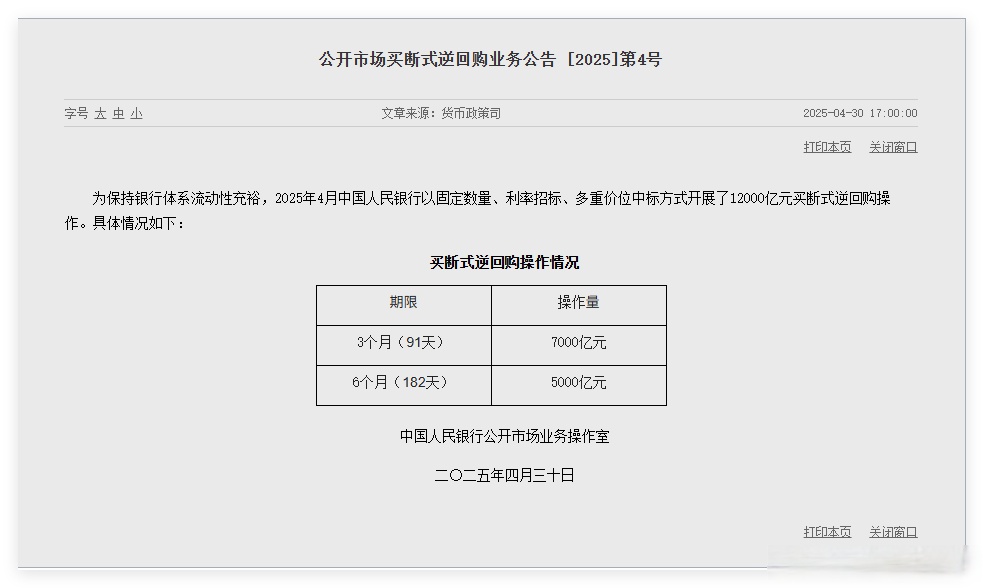 央行今日开展5000亿元买断式逆回购操作